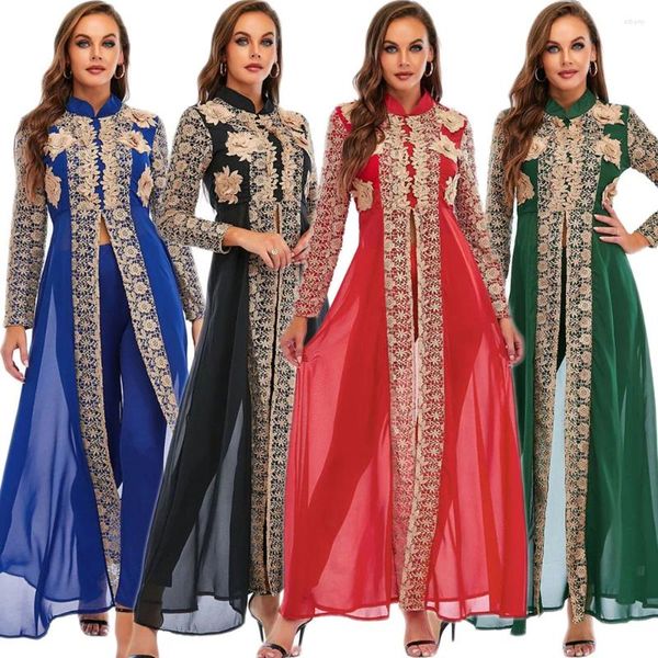 Ropa étnica Mujeres Vestido de gasa de encaje Pantalones 2 piezas Trajes de manga larga Fiesta Boda Musulmán Árabe Moda islámica Turquía