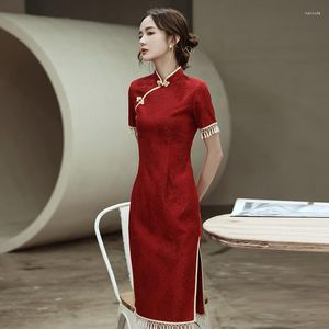 Vêtements ethniques Femmes Longue Col Mandarin Rétro Rouge Cheongsam Mariage Soirée Soirée Robe En Dentelle Chinois Classique Bouton Qipao Plus Taille 3XL