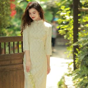 Etnische kleding vrouwen lange mouw kanten porselein jurken verbeterde parel dagelijkse comfortabele cheongsam meisje literatuur kunst verse guzheng chipao qi