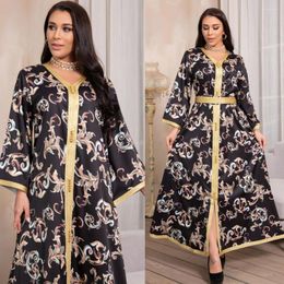 Etnische kleding vrouwen lange mouw moslim abaya zwarte print maxi jurk sexy v-neck dubai kaftan robe eid mubarak islamitisch