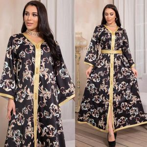 Vêtements ethniques femmes à manches longues musulman Abaya noir imprimé Maxi Robe Sexy col en v dubaï caftan Robe Eid Mubarak islamique