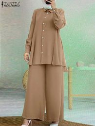 Etnische Kleding Vrouwen Losse Bijpassende Set Abaya Outifits ZANZEA Mode Moslim Sets 2 STKS Casual Revers Hals Lange Mouw Blouse Wijde Pijpen Broek