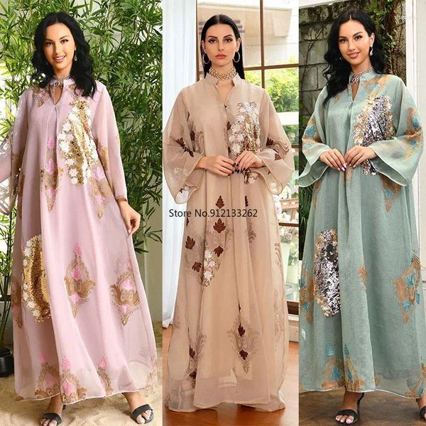 Ropa étnica Mujeres Marroquí Kaftan Musulmán Abaya Dubai Vestido de noche Fiesta de lujo Lentejuelas Vestidos bordados Ramadán Eid Ropa