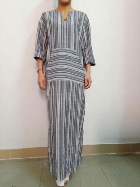 Vêtements ethniques femmes robe musulmane coton lin caftan marocain à manches longues turc Abaya rayé grande taille Maxi Boho Vestidos