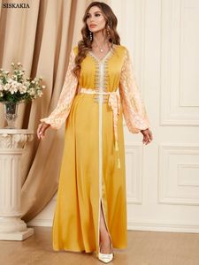 Etnische Kleding Vrouwen Moslim Jurk Zomer 2024 V-hals Kralen Kant Tape Gordel Kaftan Losse Taille Arabische Abaya Dubai Turkije Gewaad