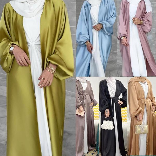 Ropa étnica Mujeres Musulmanas Eid Satin Abaya Abierto Dubai Turquía Mangas de burbuja Abayas para la moda Hijab Vestido Islam Kaftan Kimono Femme