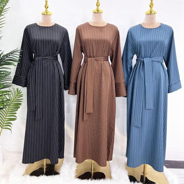 Vêtements ethniques femmes musulman Ramadan rayé imprimé Maxi Robe 2023 à manches longues Abaya turquie Hijab Robe islamique caftan à lacets décontracté