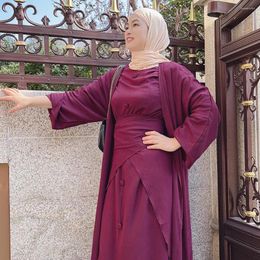 Etnische kleding vrouwen moslim set bescheiden bijpassende outfit 3-delige open abaya kimono lange mouw jurk wikkelrok dubai party eid ramadan