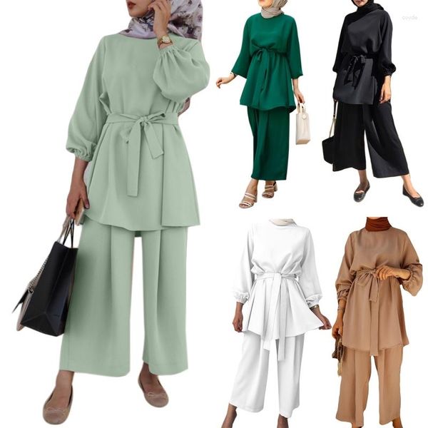 Vêtements ethniques femmes musulman été 2 pièces tenues ensemble à manches longues ceinturé tunique hauts jambe large pantalon ample couleur unie Dubai caftan Hijab