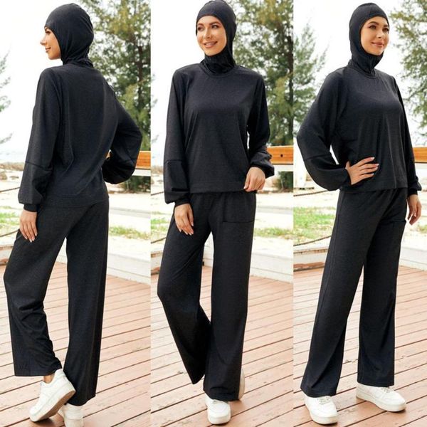 Ropa étnica para mujer, traje de baño musulmán, cubierta completa, 3 uds., hiyab islámico, Tops de manga larga, conjunto de pantalón de pierna ancha, ropa deportiva, traje de baño Burkinis