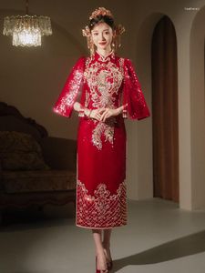 Vêtements ethniques Femmes Phoenix Broderie Qipao Toast Robe de mariée à manches courtes Sexy Rouge Sparkly Exquis Paillettes Fête