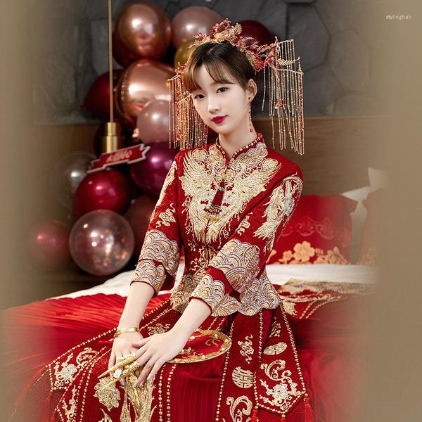 Vêtements ethniques Femmes Phoenix Broderie Robe de mariée Cheongsam Mariée élégante Mariée traditionnelle Style chinois Toast Tang Costume