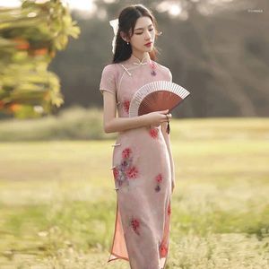 Etnische kleding vrouwen roze cheongsam vrouwelijke stijl kleding Chinese vintage bloemen lange jurk s tot 2xl