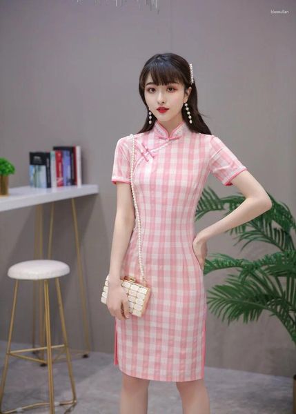 Vêtements ethniques Femmes Pink Coton d'été CHEONGSAM PLAID CHINAGE CHINE NATION COURT