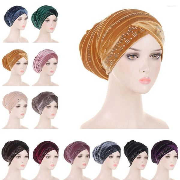 Vêtements ethniques Femmes Plain Diamonds Velvet Stretch Underscarf Round Front Cover Headwrap Hijabs Turbante Turban Mujer Muslim Caps Baggy