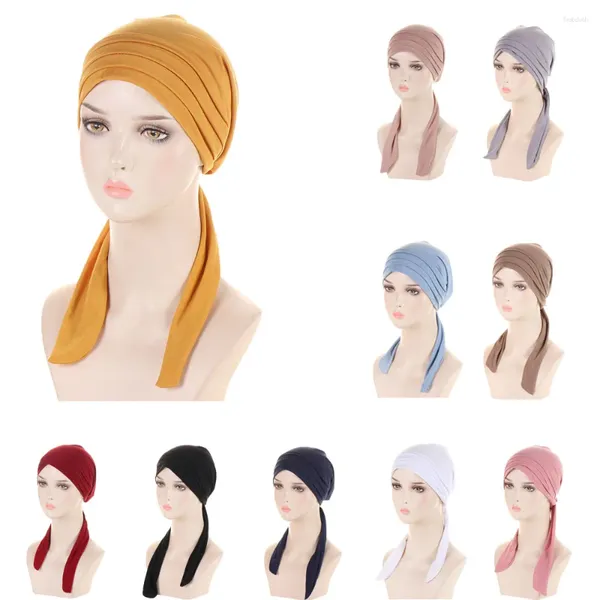 Ropa étnica Mujeres Plisado Chemo Cap Musulmán Interior Hijab Sombrero Pre-atado Turbante Cola larga Pañuelo Bonnet Bandanas Pérdida de cabello Wrap Turbante