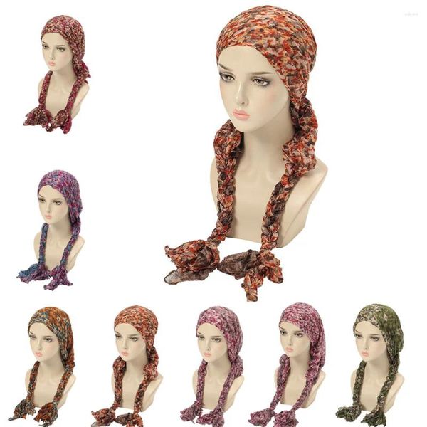 Ropa étnica Mujeres Pre-atado Impresión Musulmana Trenza Turbante Hijab Cáncer Chemo Hat Cap Pérdida de cabello Cubierta Pañuelo Headwrap Stretch Bandana Mujer