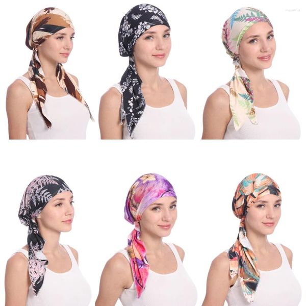 Ropa étnica Mujeres Imprimir Chemo Cap Sombrero preatado Cola larga Bonnet Musulmán Hijab Estiramiento Pañuelo Pañuelos Diadema Pérdida de cabello Bufanda Wrap