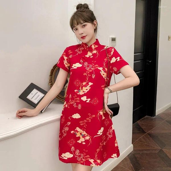 Vêtements ethniques Femmes imprimées Amélioration du Cheongsam Summer Young Chinese Style Qipao Robe rouge