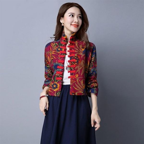 Vêtements ethniques Femmes Rouge Floral Chemise Vintage Blouse Traditionnelle Chinoise Tang Oriental Tops Rétro Col Mandarin Coat257U