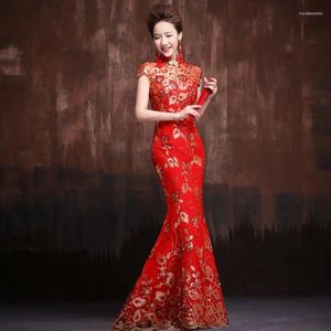 Vêtements ethniques Femmes Mariage Rouge Cheongsam Fishtail Robe Qipao Or Broderie Style Chinois Longues Robes De Soirée Costume De Fête