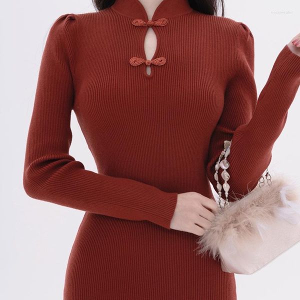 Vêtements ethniques femmes rétro élégance amélioré Cheongsam creux Sexy Slim tricoté à manches longues robe femme Qipao dame traditionnelle chinoise