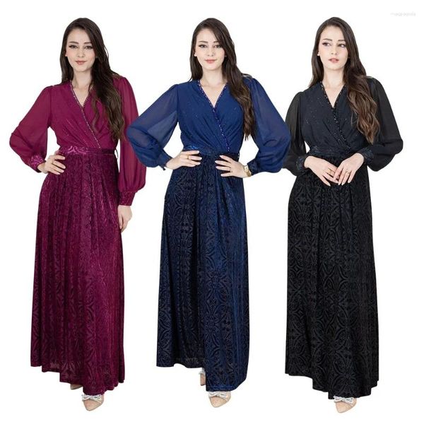 Vêtements ethniques Robe pour femmes Abaya Velours Brûlé Fleur Mousseline De Soie Diamant Mode Banquet Robe Pour La Fête Col En V Élégant Longue