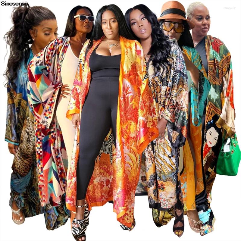 Etnik Giyim Kadın Çiçek Baskı Satin Kimono Duster Açık ön uzun örtüler dış giyim hırka boho plajı yukarı gevşek kimonos