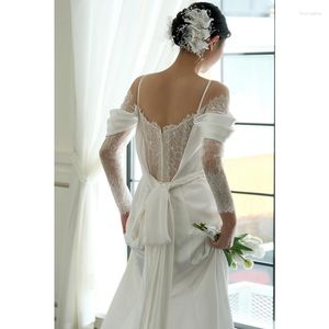 Vêtements ethniques Femmes Français Simple Satin Dentelle High Split Robe de mariée élégante Spaghetti Strap Robe de bal