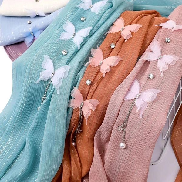 Ropa étnica Hijabs de mujer Pearl Chiffon Mariposa Borla Bufanda con cuentas para mujeres Chales musulmanes Accesorios para la cabeza a prueba de viento