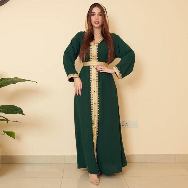Ropa étnica Túnica con capucha para mujer Ropa de lino Bordado de encaje dorado Musulmán 2023 Abaya Vestido Ropa de swing grande para mujeres