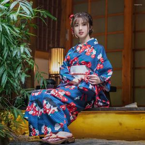 Vêtements ethniques Style japonais traditionnel Kimono bleu couleur belle chaton imprime classique Yukata scène performance robe cosplay porter