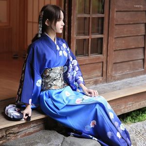 Vêtements ethniques Femmes Japonais Traditionnel Kimono Bleu Couleur Papillon Prints Automne Robe Classique Yukata Cosplay Costume Pographie