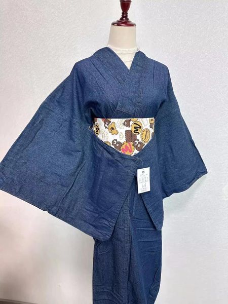 Vêtements ethniques Femme Japonais traditionnel traditionnel Kimono Lavé Denim Couleur solide formelle Yukata Cosplay Costume Costume Long Robe