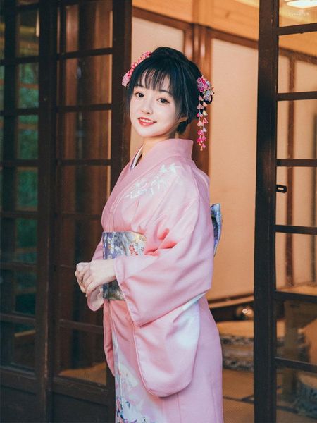 Vêtements Ethniques Femme Kimono Japonais Traditionnel Style Vintage Rose Couleur Robe Longue Costume Cosplay Scène Spectacle Quatre Saisons