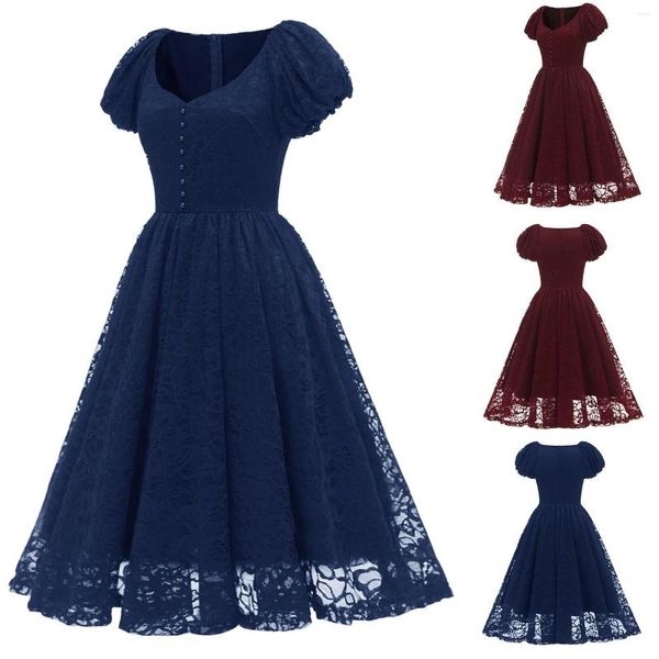 Vêtements ethniques Femmes Dentelle Mariage Bubble Manches Style rétro Bleu Adulte Français Chinois Moyen Simple Robe de soirée