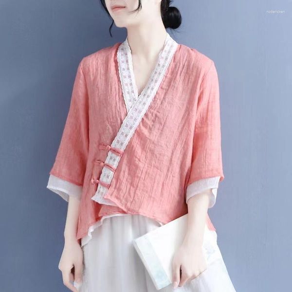 Vêtements ethniques Chemises en lin pour femmes Chinois traditionnel Vintage Tops Tang Suit Fashion Summer Collection