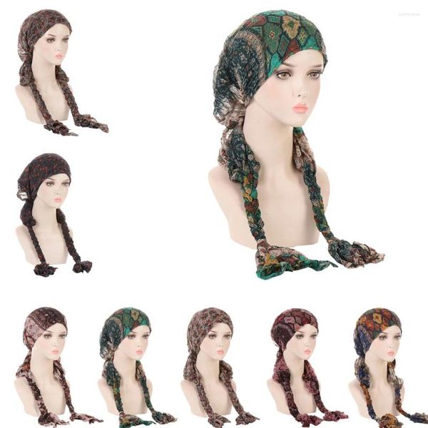 Vêtements ethniques Femmes Musulmanes Hijab Feuilles Fleur Imprimer Chapeau Turban Cap Couverture Écharpe Wrap Pré-Noué Tresses Longue Queue Chapeaux Stretch Bandana