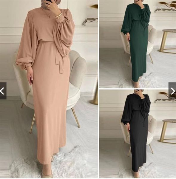 Vêtements ethniques Femmes Musulman Longue Robe Lanterne Manches Taille Rétraction Robe Couleur Solide Dubaï Turquie Malaisie Indonésien Dames