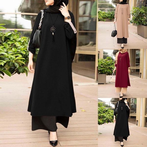 Vêtements ethniques femmes Style musulman arabe couleur unie Simple col rond manches longues fente latérale robe coton écharpe Hijab femmes