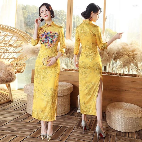 Vêtements ethniques Femmes Plus Taille 5XL Qipao Jaune Long Tempérament Élégant Cheongsam Robe Traditionnelle Chinoise Sexy Mode Satin Robes