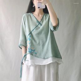 Vêtements ethniques Femmes Rétro Style National Chinois Col V Manches Courtes Broderie Florale Mince Mousseline De Mousseline De Soie Lâche Tops Zen Vêtements 2023