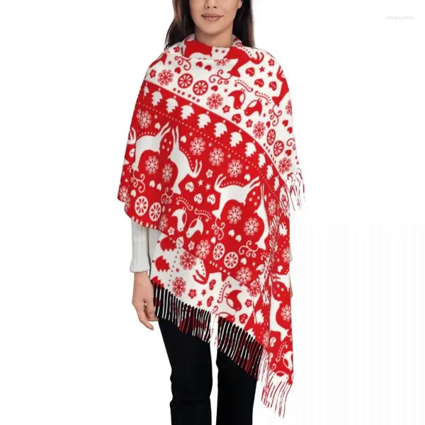 Vêtements ethniques Écharpe pour femmes avec pompon rouge renne de Noël grand châle chaud et doux année année pull laid modèle cadeaux pashmina foulards