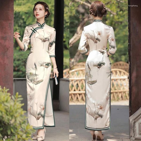 Vêtements ethniques Femmes Sexy High Slit Cheongsam Slim Fit Satin Longue Robe Chinoise Col Mandarin Traditionnel Qipao Tempérament Party