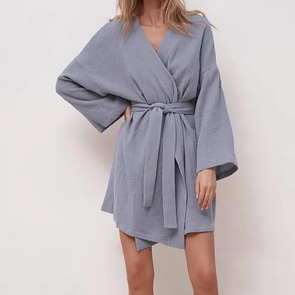 Vêtements ethniques Couleur unie pour femmes Col en V à manches longues à lacets Robe de maison Douce et confortable Chemise de nuit décontractée Vêtements de nuit pour femmes