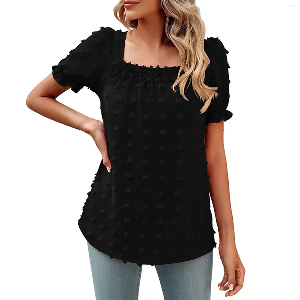 Ropa étnica Blusas de cuello cuadrado para mujer 2023 Primavera Verano Gasa Manga corta Top Color sólido Apliques Camisas Camisetas sueltas