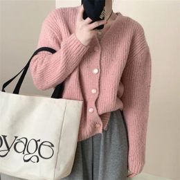 Roupas étnicas Suéter feminino outono moda gola solta rosa com decote em v macio cardigan de malha sênior