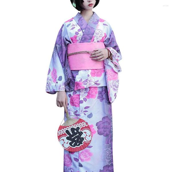 Ropa étnica Tradicional de las mujeres Kimono japonés Púrpura Degradado Rosa Estampado de flores Largo Yukata con cinturón Obi Festival de verano Halloween