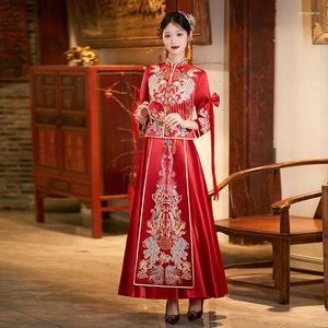 Ropa étnica Mujeres Satén Tostado Estilo chino Lentejuelas Rebordear Borlas Bordado Vestido de novia