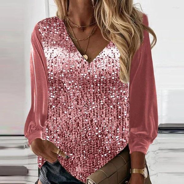 Vêtements ethniques Femmes Paillettes Blouse V Cou Chemises 2023 Dames Automne Manches Longues Tops Solide Pulls Femme Casual T Droite